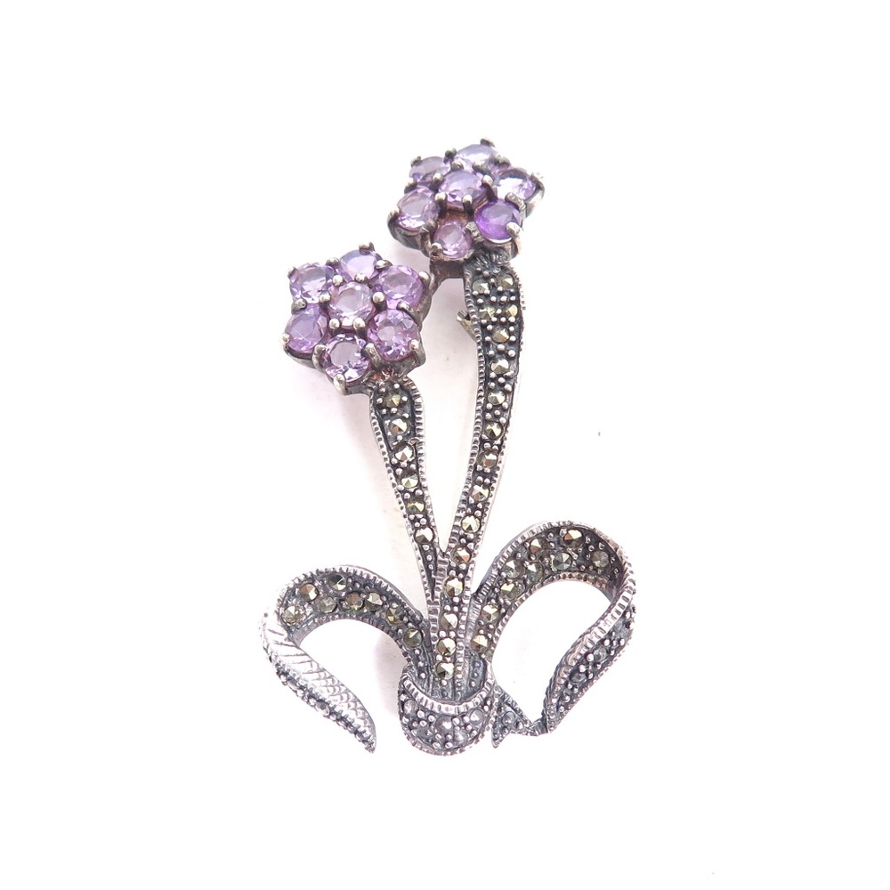 VINTAGE STERLING‎ SILVER AMETHYST MARCASITE FLOWER BOW BROOCH PIN 925 CA 2 INCH